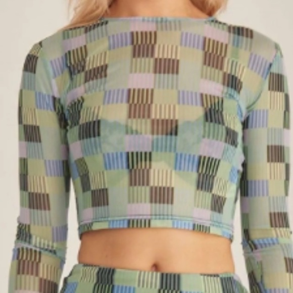 Riley Hubatka x Peppermayo shirt Stylish Green Checkered cropped sz 0 - Picture 2 of 4